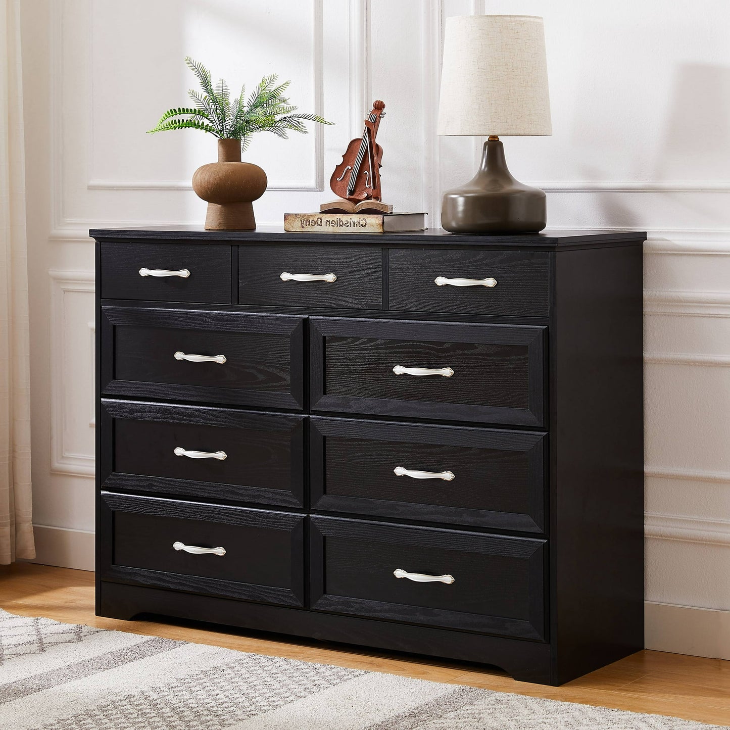 Sesslife Chest of Drawers Dresser, 9 Drawer Dresser Contemporary Modern Dresser with Metal Handles, Large Dresser & Chest of Drawers, Black