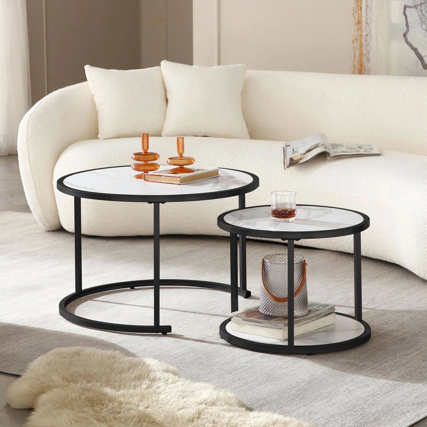 Sesslife Coffee Table Nesting Set of 2, Side Set Black Frame Circular and Marble Pattern Tables, Living Room Bedroom Apartment Modern Industrial Simple Nightstand, White + Black