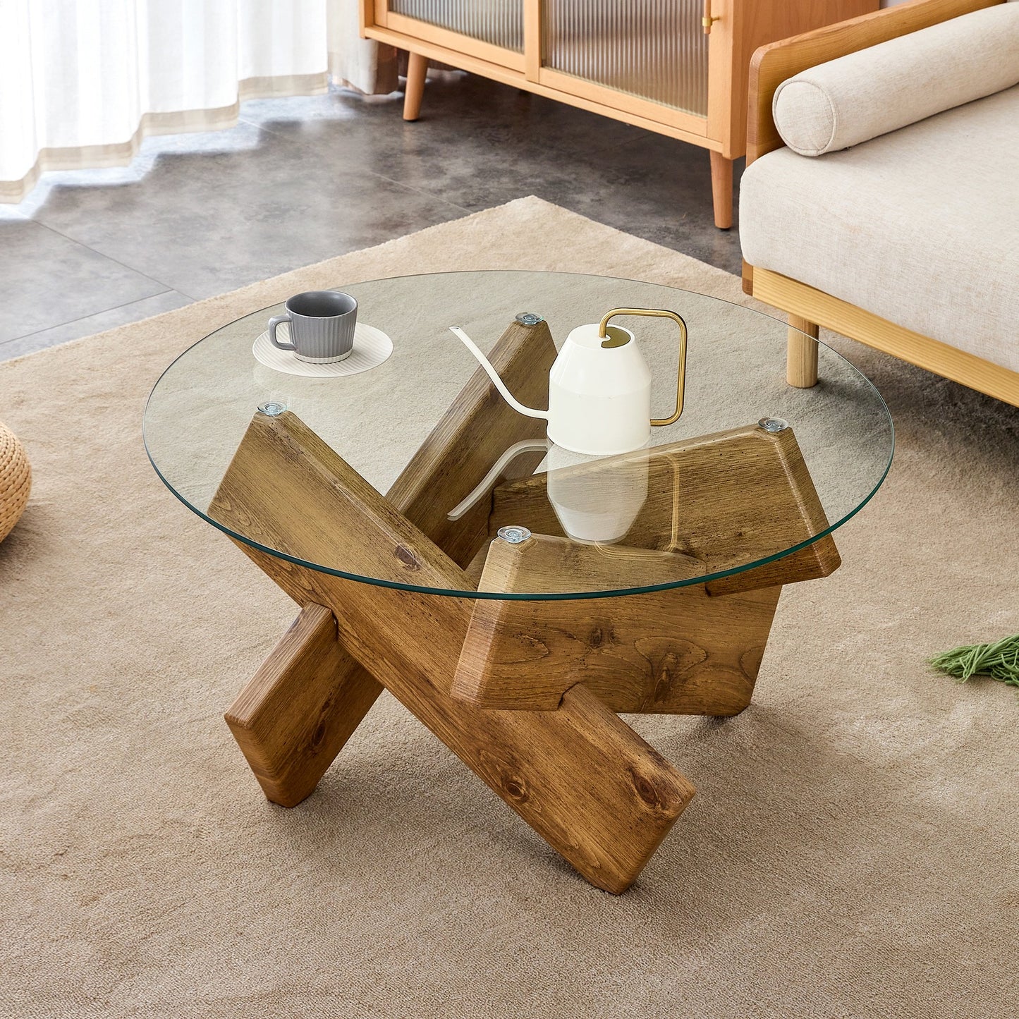 Sesslife Coffee Table with Transparent Tempered Glass Tabletop, Modern Circular Glass Center Table with MDF Table Legs, Round Side Table, Accent End Side Table for Living Room Office, Cherry