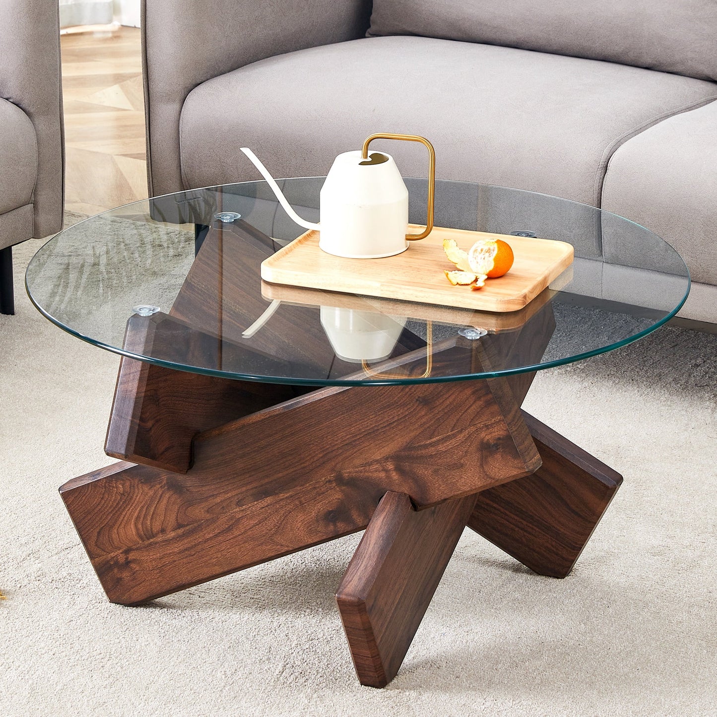 Sesslife Coffee Table with Transparent Tempered Glass Tabletop, Modern Circular Glass Center Table with MDF Table Legs, Round Side Table, Accent End Side Table for Living Room Office, Cherry