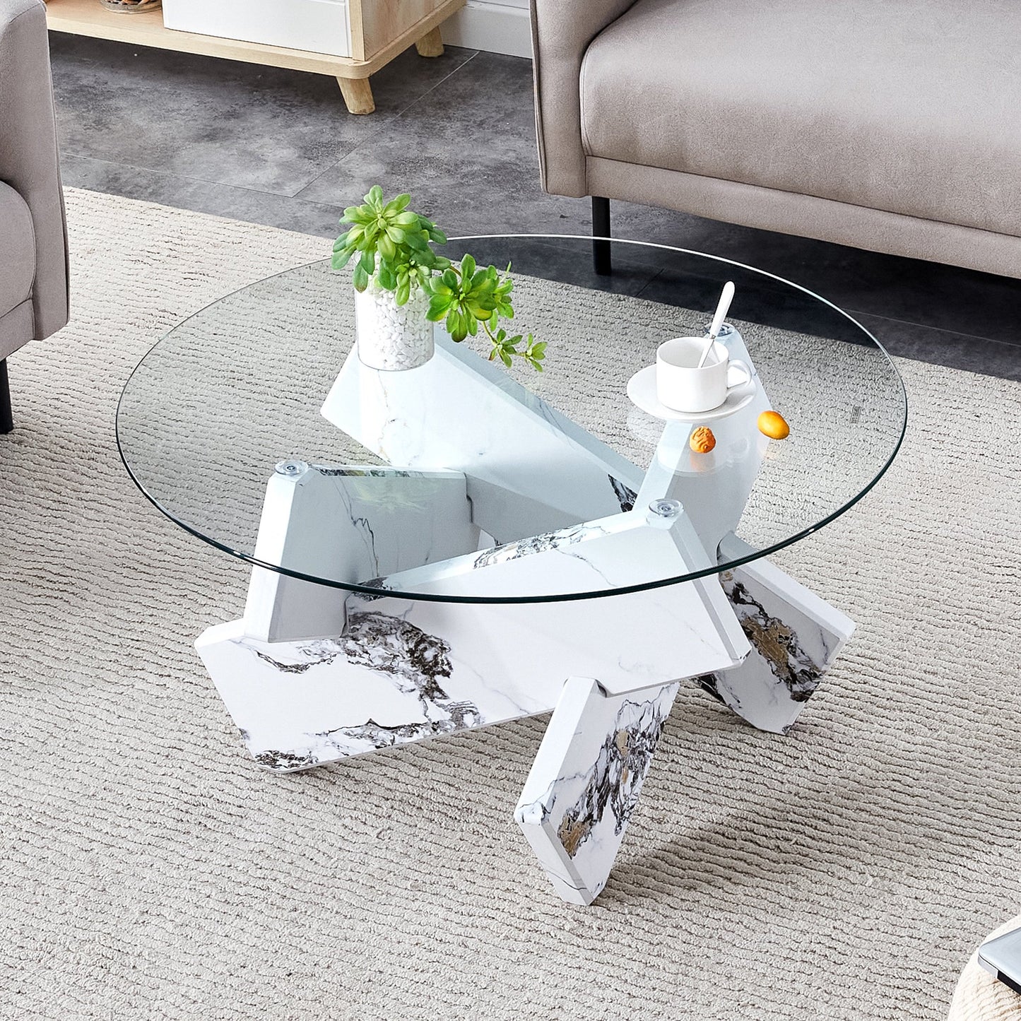 Sesslife Coffee Table with Transparent Tempered Glass Tabletop, Modern Circular Glass Center Table with MDF Table Legs, Round Side Table, Accent End Side Table for Living Room Office, Cherry