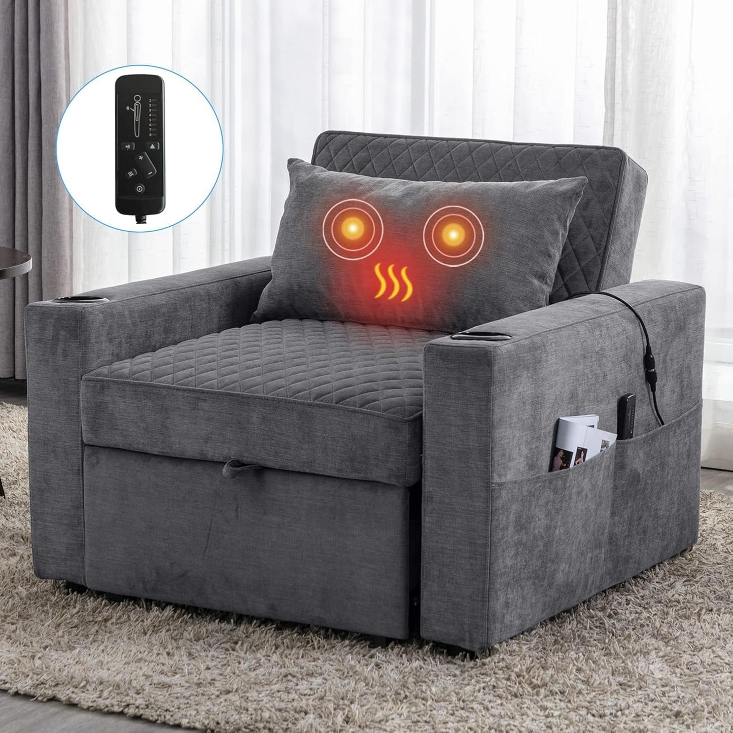 Sesslife Convertible Sleeper Chair Bed, 3 in 1 Sofa Bed with Massage and Heat Pillow, Multi-Functional Single Sofa Chair with Pull-Out Bed, Adjustable Backrest, Side Pockets for Bedroom Office, Gray