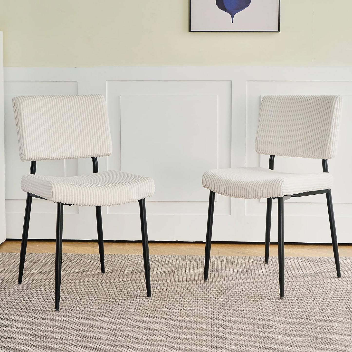 Sesslife Dining Chairs Set of 2, Modern Upholstered Striped Kitchen Chairs with Metal Legs, Sturdy Fabric Armless Side Chairs, Kitchen Chairs for Dining Room, Kitchen, Bedroom, Beige
