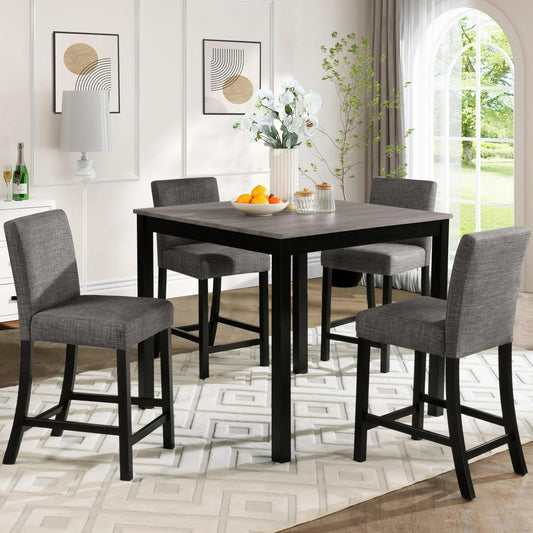 SESSLIFE Dining Table Set for 4, Counter Height Kitchen Table Set with Square Table and 4 Upholstered Chairs, Solid Wood Dining Room Set for Kitchen, Space-Saving, Light Grey & Black