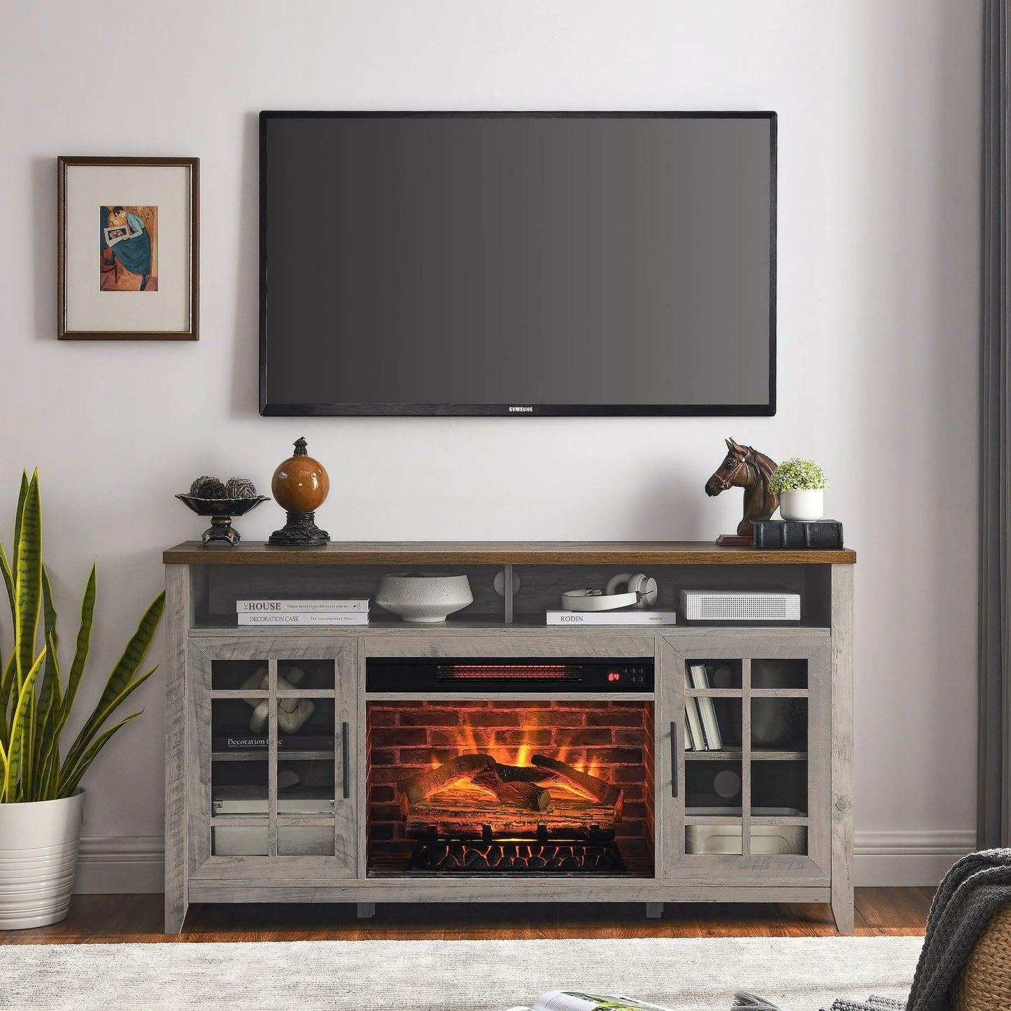 Sesslife Electric Fireplace TV Stand for 55" TV, Farmhouse TV Console Table with Fireplace, Wood Media Entertainment Center with Adjustable Shelves and Storage Cabinets for Living Room, Brown