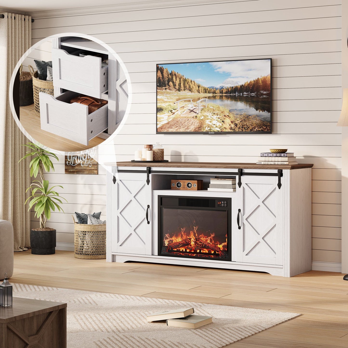 Sesslife Fireplace TV Stand for 65" TVs, Farmhouse TV Console Table with 2 Sliding Barn Doors, 2 Storage Drawers and Hidden Compartments, Media Entertainment Center for Living Room, Brown+White