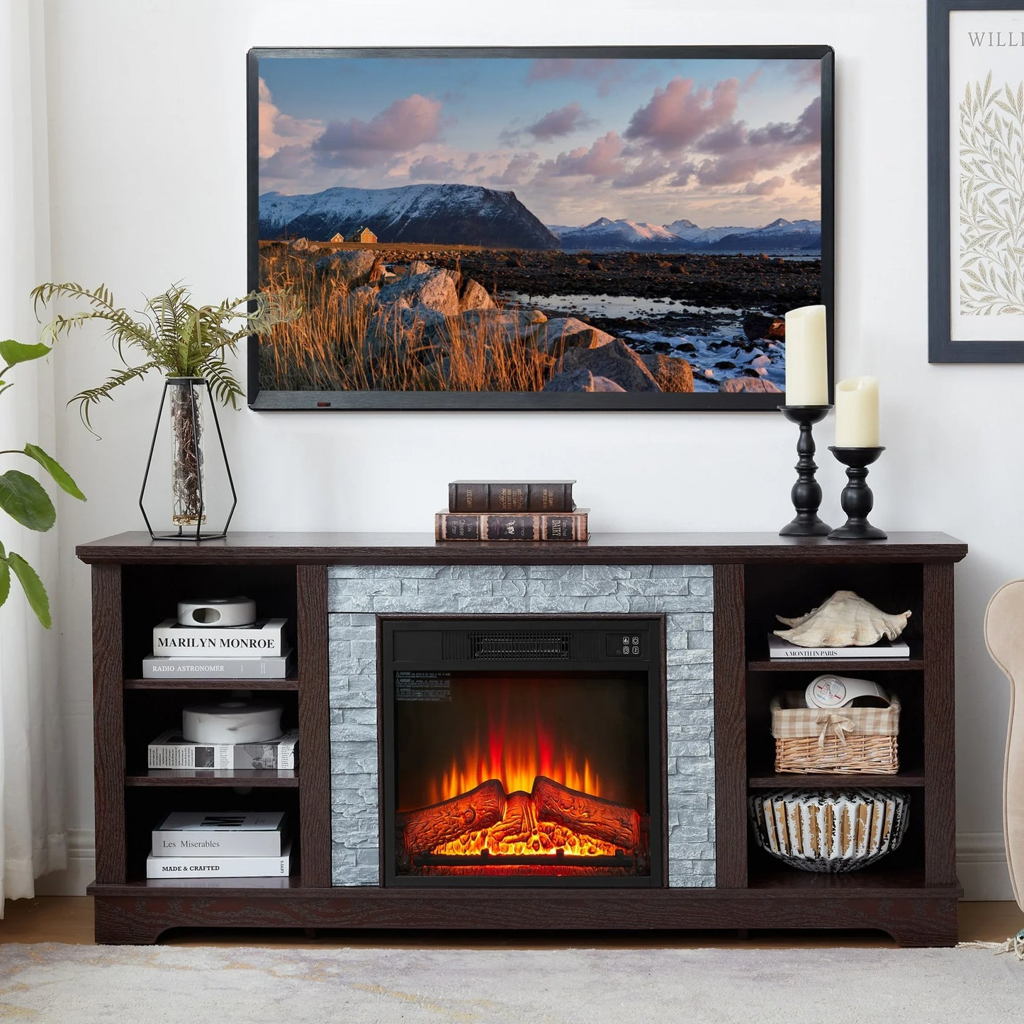 Sesslife Fireplace TV Stand for TVs up to 65", Farmhouse Media Entertainment Center with Faux Stacked Stone Surrounded for Living Room, Wood TV Console Table with Open Storage Shelves, Cherry