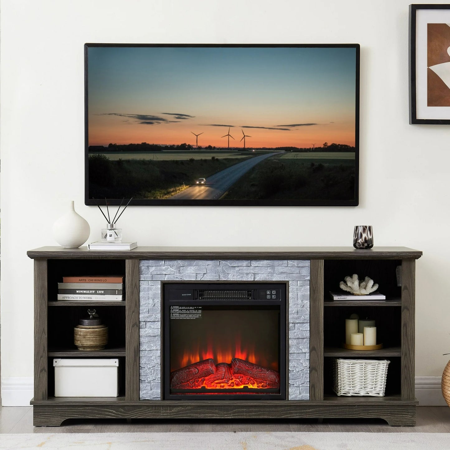 Sesslife Fireplace TV Stand for TVs up to 65", Farmhouse Media Entertainment Center with Faux Stacked Stone Surrounded for Living Room, Wood TV Console Table with Open Storage Shelves, Cherry