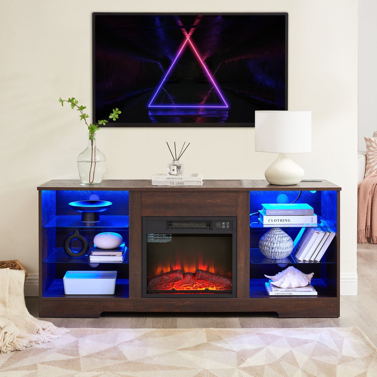 Sesslife Electric Fireplace TV Stand for 70" TVs. Farmhouse Media Entertainment Center with LED Light and Charging Station, Wooden TV Console Cabinet with Open Shelves for Living Room, Brown