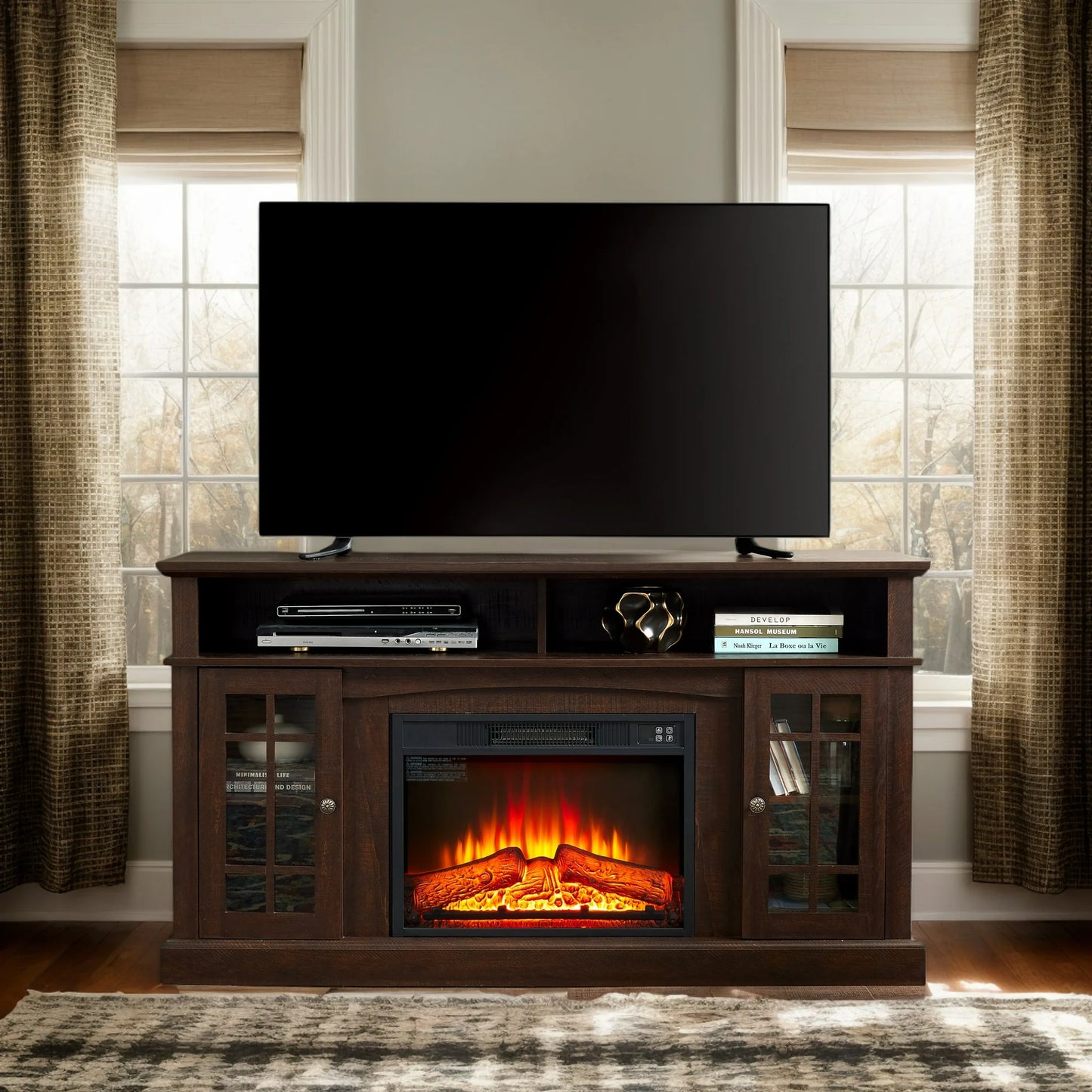 Sesslife Electric Fireplace TV Stand with Remote Control for 65 Inch TV, Farmhouse TV Console Table with Open Storage Shelves & 2 Cabinets, Wooden Media Entertainment Center for Living Room, Cherry