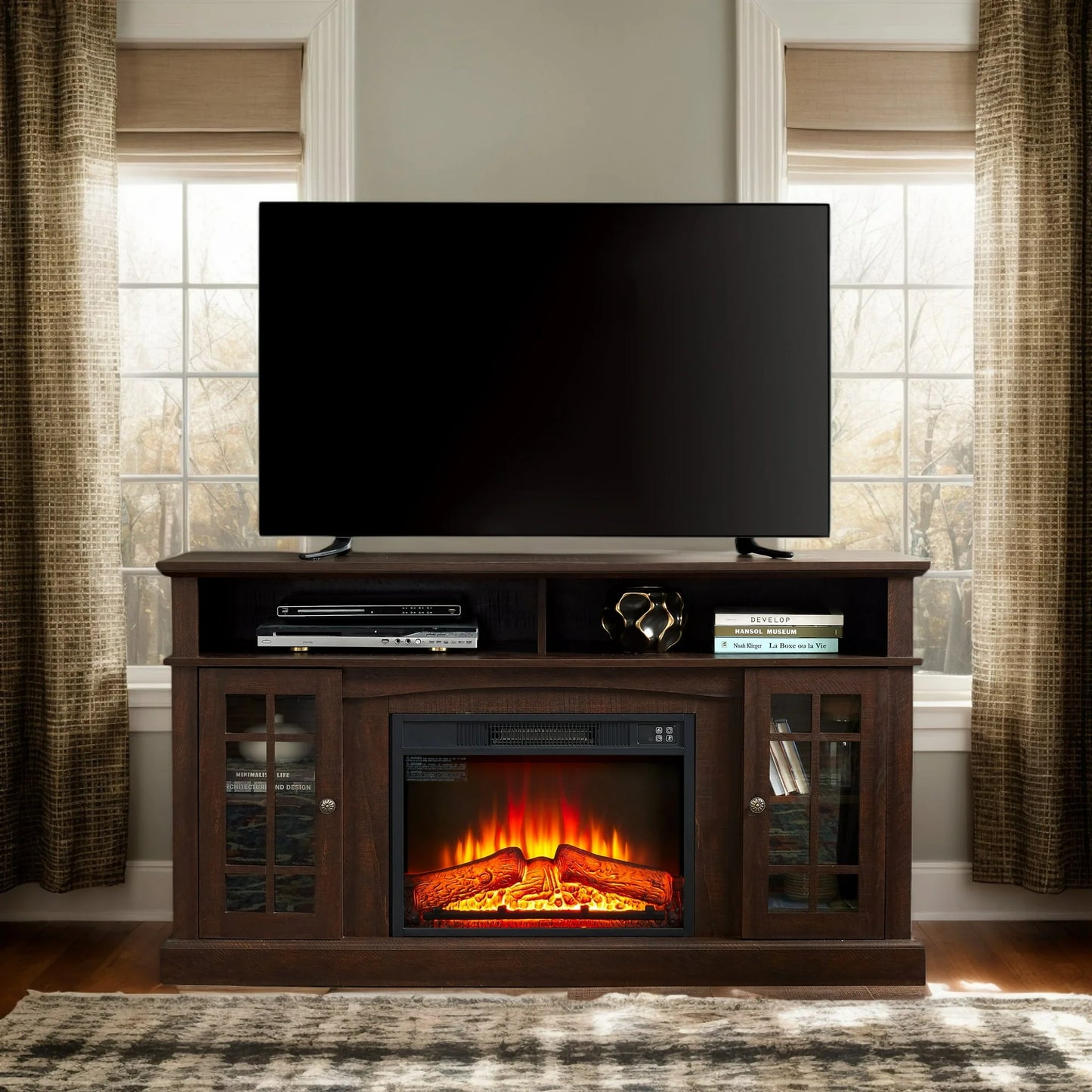 Sesslife Electric Fireplace TV Stand with Remote Control for 65 Inch TV, Farmhouse TV Console Table with Open Storage Shelves & 2 Cabinets, Wooden Media Entertainment Center for Living Room, Espresso