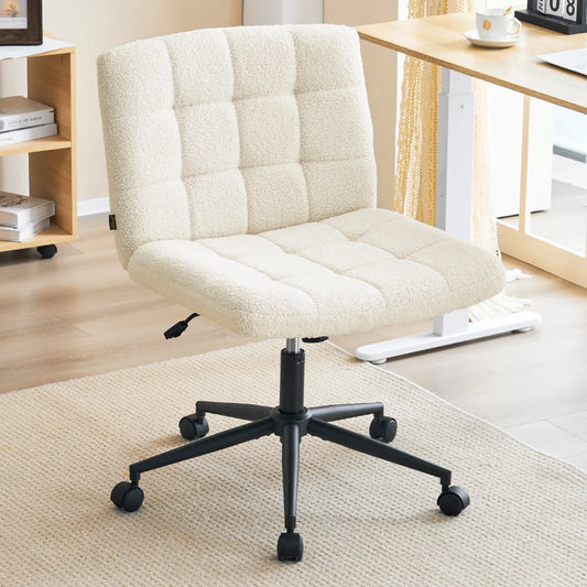 SESSLIFE Armless Office Chair with Wheels, Ergonomic Wide Seat PU Leather Desk Chair, Back Adjustable Modern Accent Chair for Home Office, Sherpa