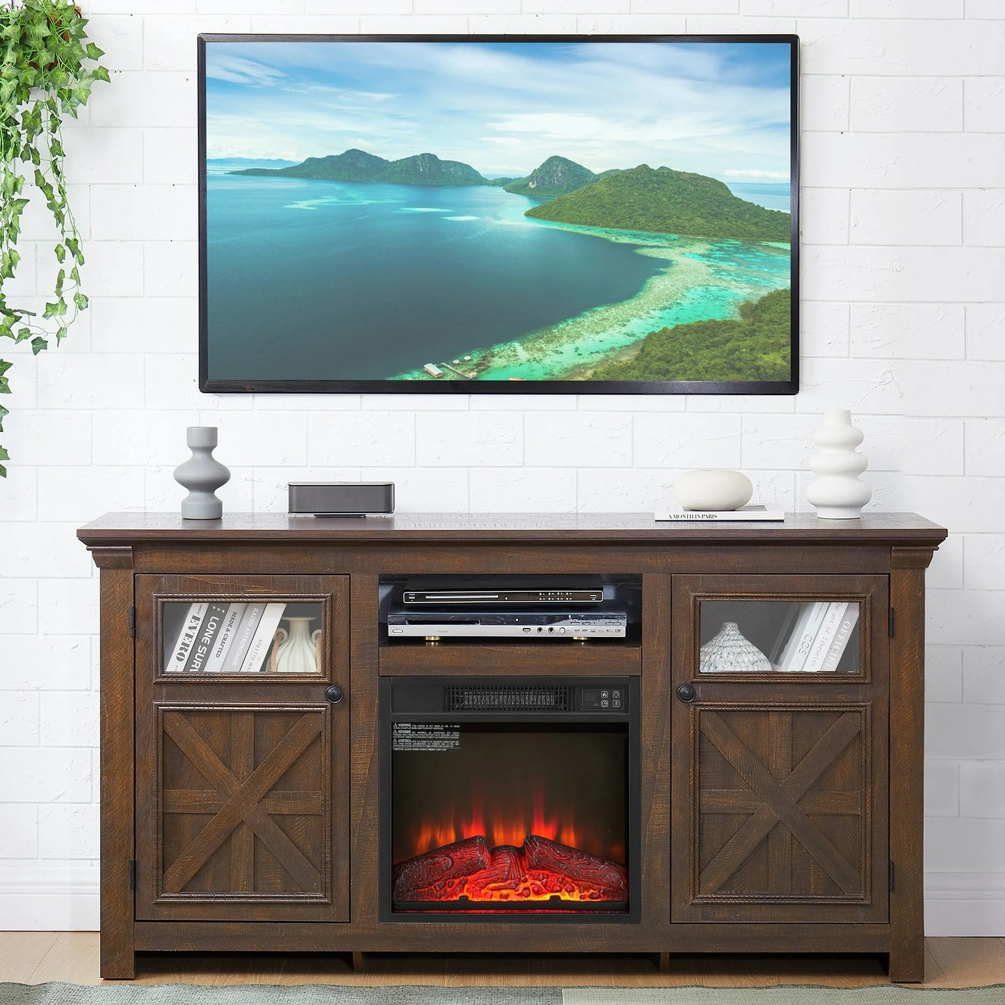 Sesslife Farmhouse Electric Fireplace TV Stand for 65 Inch TVs, TV Console Table with Open Storage Shelves and Storage Cabinets, Media Entertainment Center with Fireplace for Living Room Home, Brown