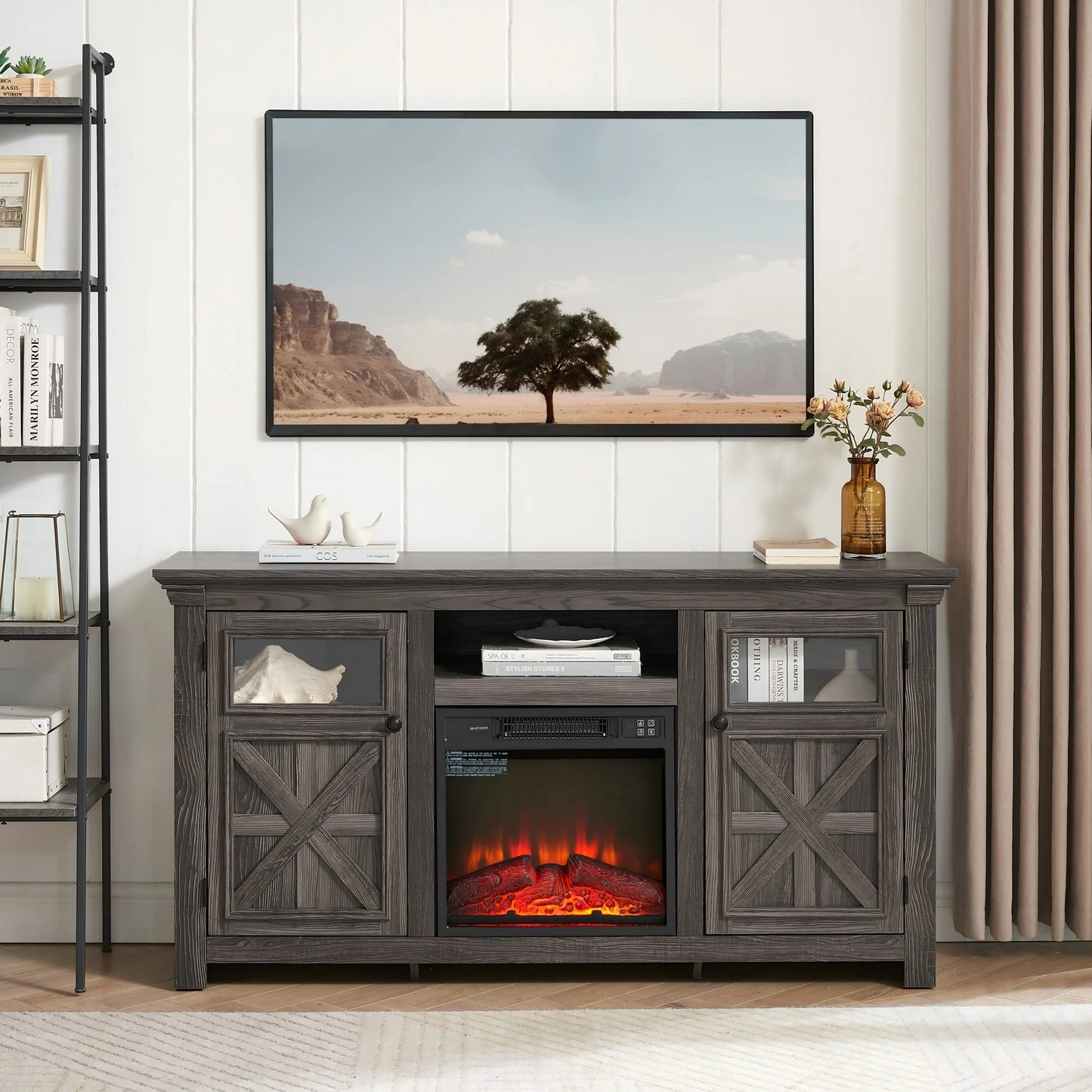 Sesslife Farmhouse Electric Fireplace TV Stand for 65 Inch TVs, TV Console Table with Open Storage Shelves and Storage Cabinets, Media Entertainment Center with Fireplace for Living Room Home, Brown