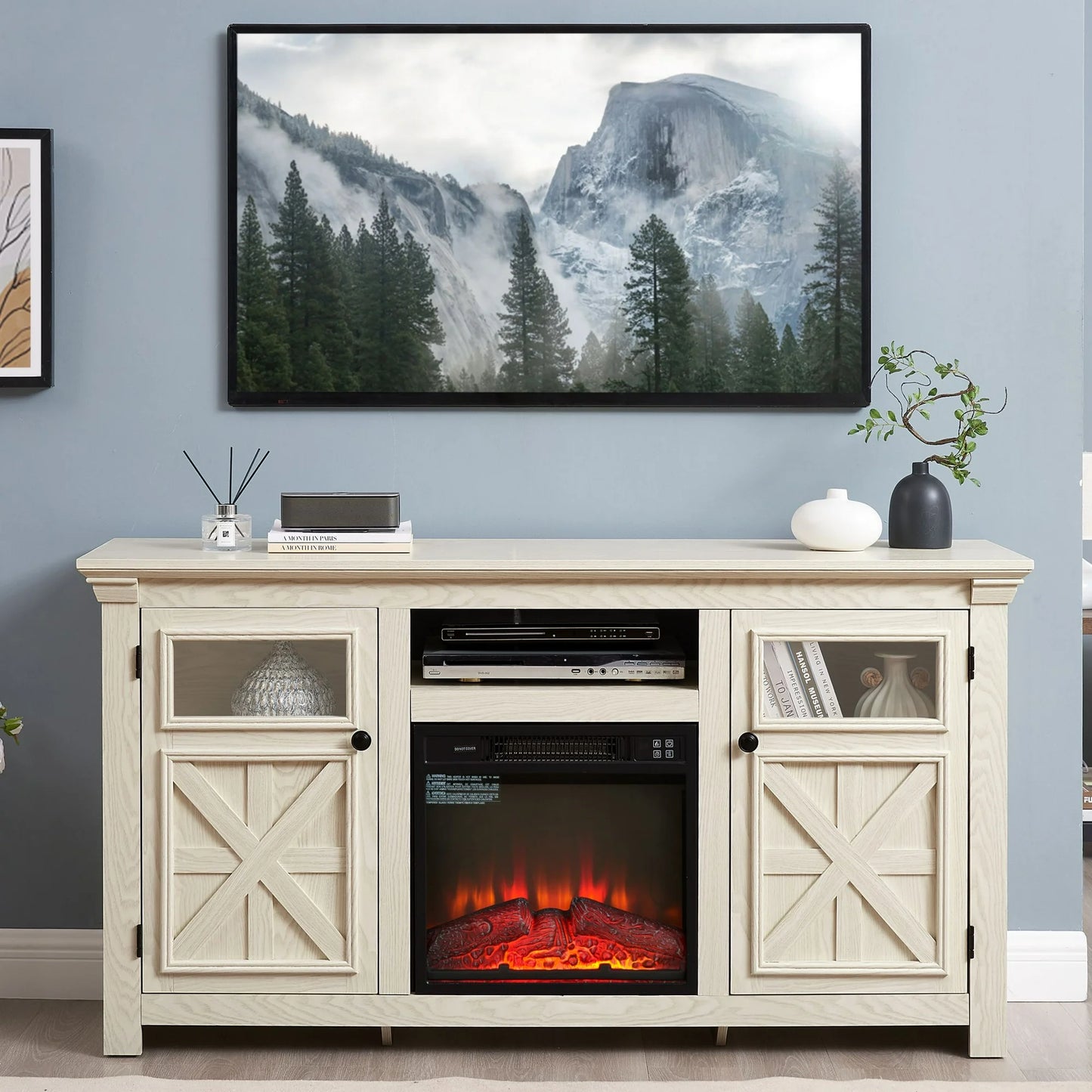 Sesslife Farmhouse Electric Fireplace TV Stand for 65 Inch TVs, TV Console Table with Open Storage Shelves and Storage Cabinets, Media Entertainment Center with Fireplace for Living Room Home, Brown