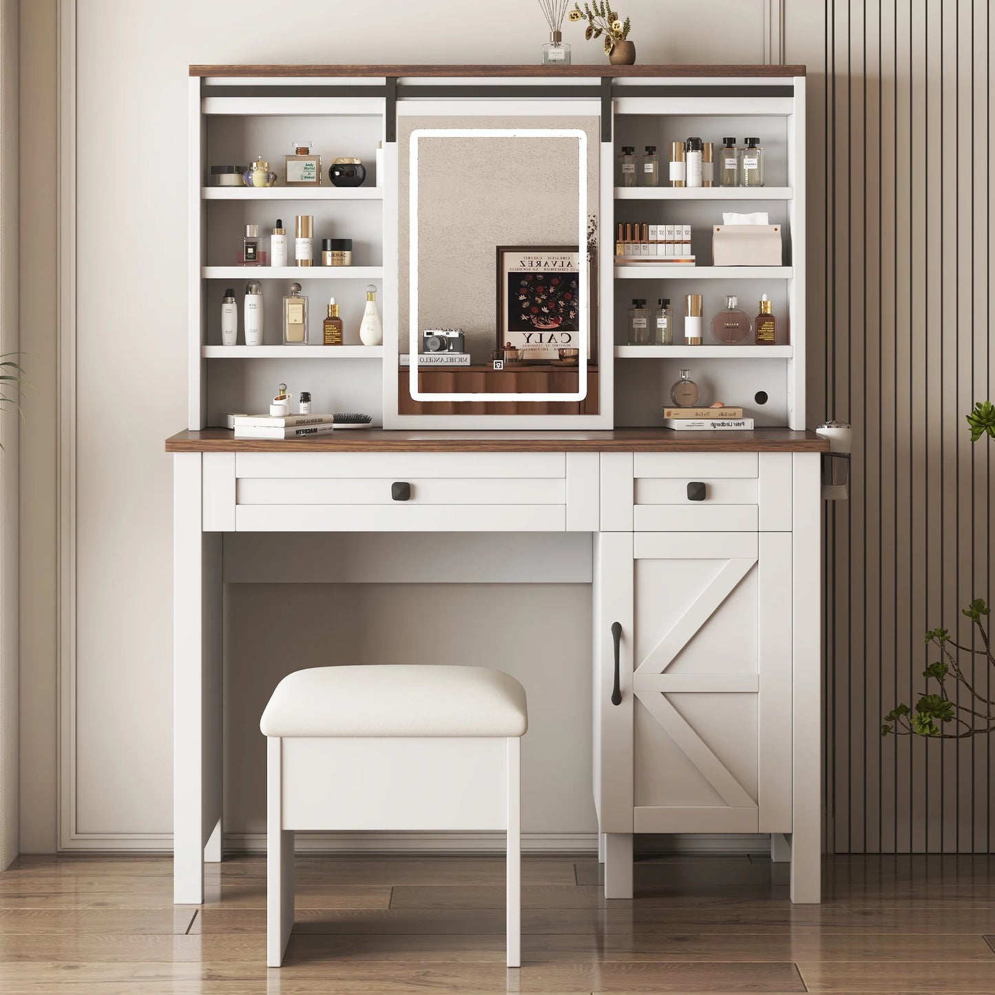 Sesslife Farmhouse Makeup Dressing Table Set with Sliding LED Light Mirror, Vanity Desk with Storage Stool, 2 Drawers and Cabinet, Vanity Table Set with Charging Station and Hair Dryer Rack, Brown