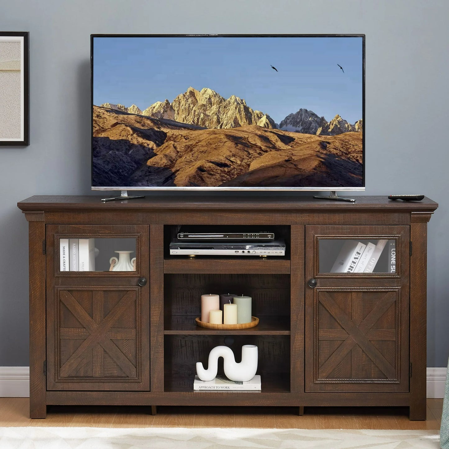 Sesslife Farmhouse TV Stand with Adjustable Shelves and 2 Storage Cabinets for 65 inch TVs, Rustic Entertainment Center with Double Barn Doors, TV Media Console Table with Double Rustic Doors, Brown