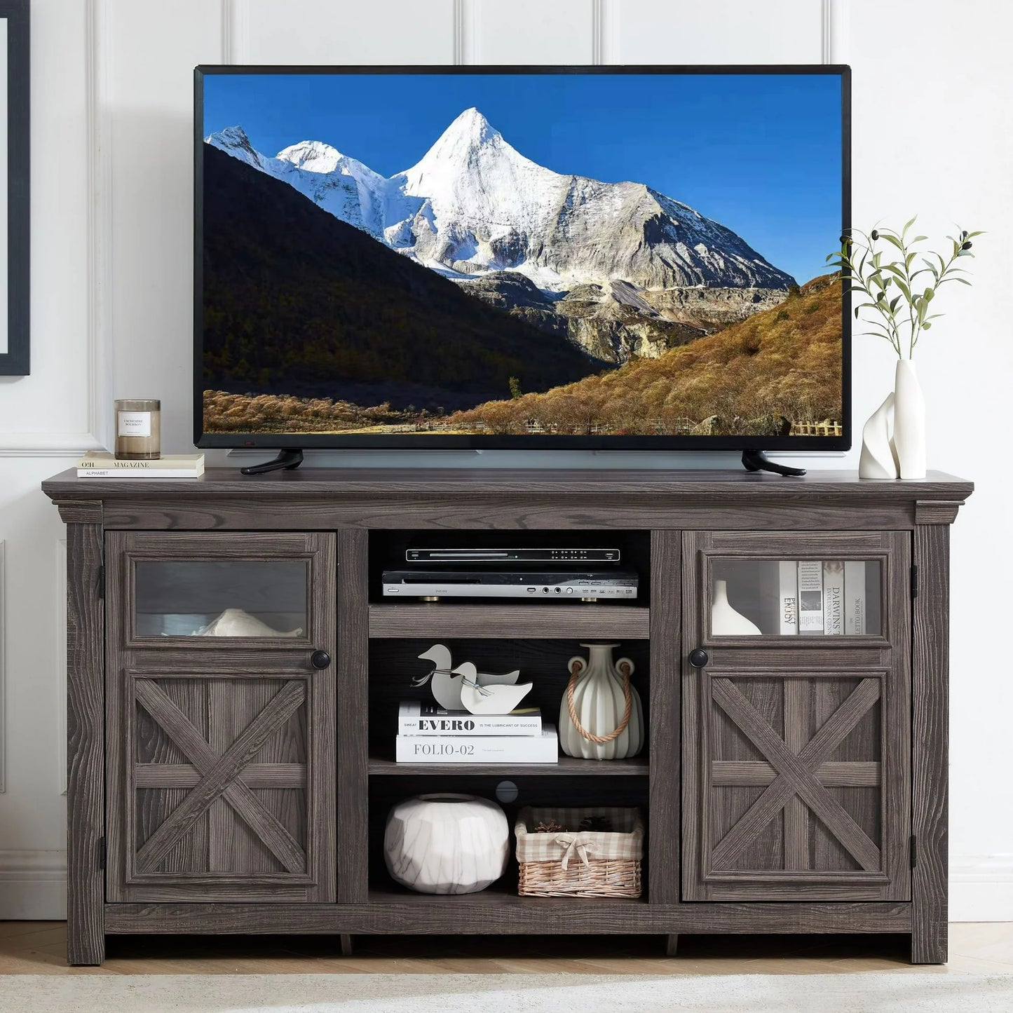 Sesslife Farmhouse TV Stand with Adjustable Shelves and 2 Storage Cabinets for 65 inch TVs, Rustic Entertainment Center with Double Barn Doors, TV Media Console Table with Double Rustic Doors, Brown