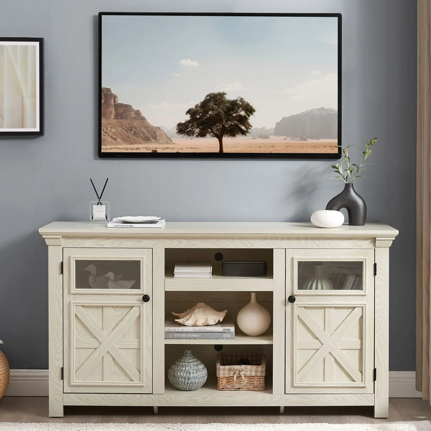 Sesslife Farmhouse TV Stand with Adjustable Shelves and 2 Storage Cabinets for 65 inch TVs, Rustic Entertainment Center with Double Barn Doors, TV Media Console Table with Double Rustic Doors, Brown