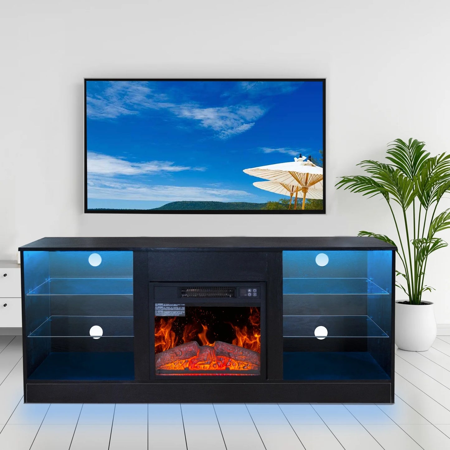 Sesslife Fireplace TV Stand for 60" TV with Storage, Modern Media Entertainment Center with Electric Fireplace and LED Lights, Sturdy TV Console Cabinet with Adjustable Shelves for Living Room, White