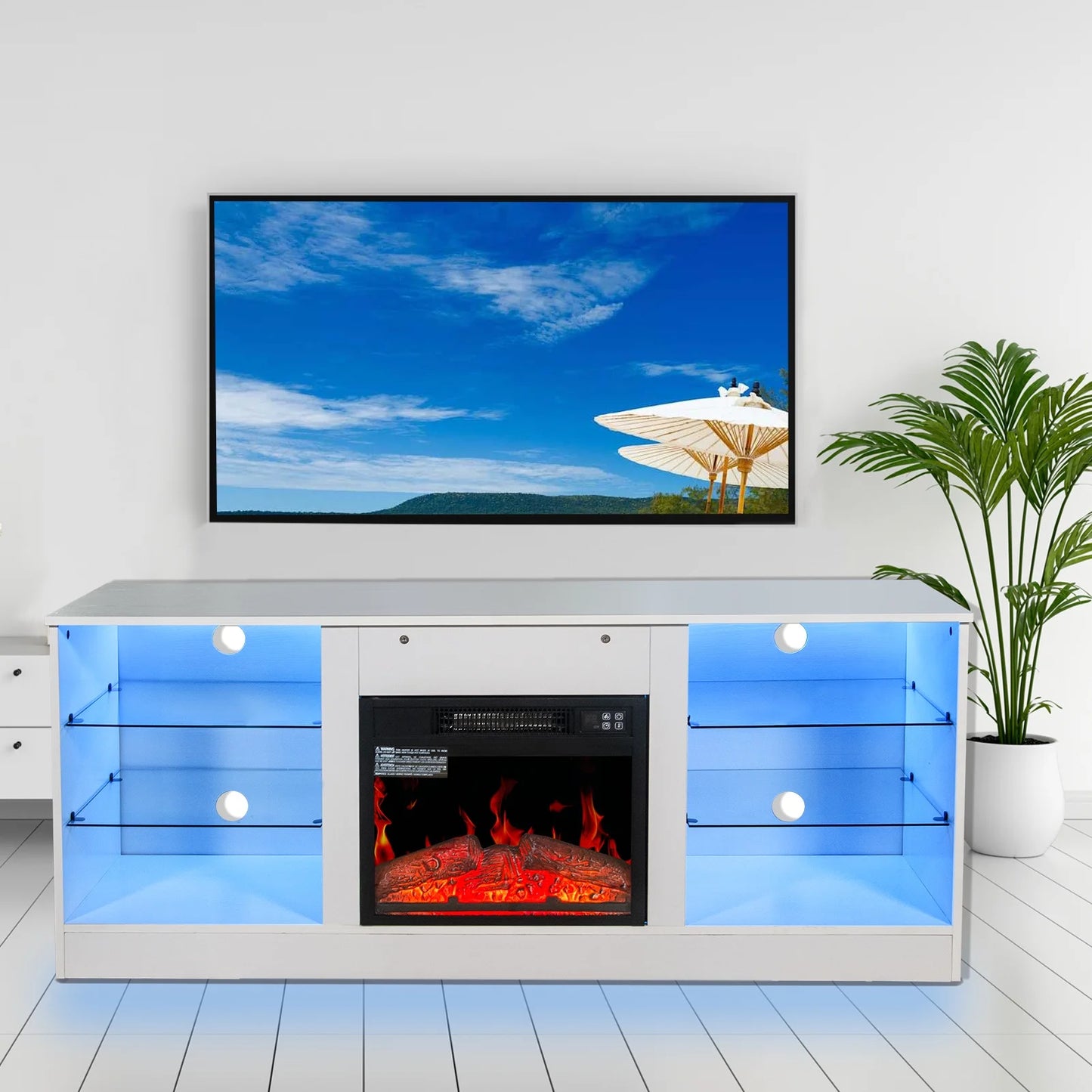 Sesslife Fireplace TV Stand for 60" TV with Storage, Modern Media Entertainment Center with Electric Fireplace and LED Lights, Sturdy TV Console Cabinet with Adjustable Shelves for Living Room, White