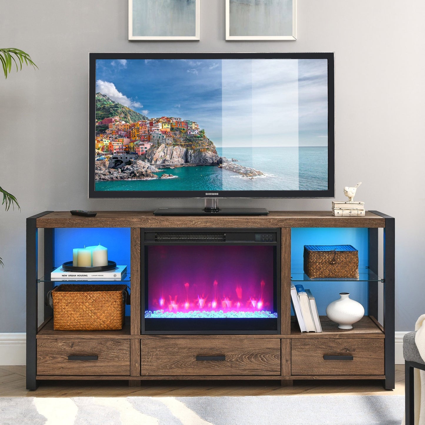 Sesslife Fireplace TV Stand for 60" TVs, Farmhouse TV Console Table with LED Lights and Electric Fireplace, Modern Media Entertainment Center with 3 Drawers and Storage Shelves for Living Room, Brown