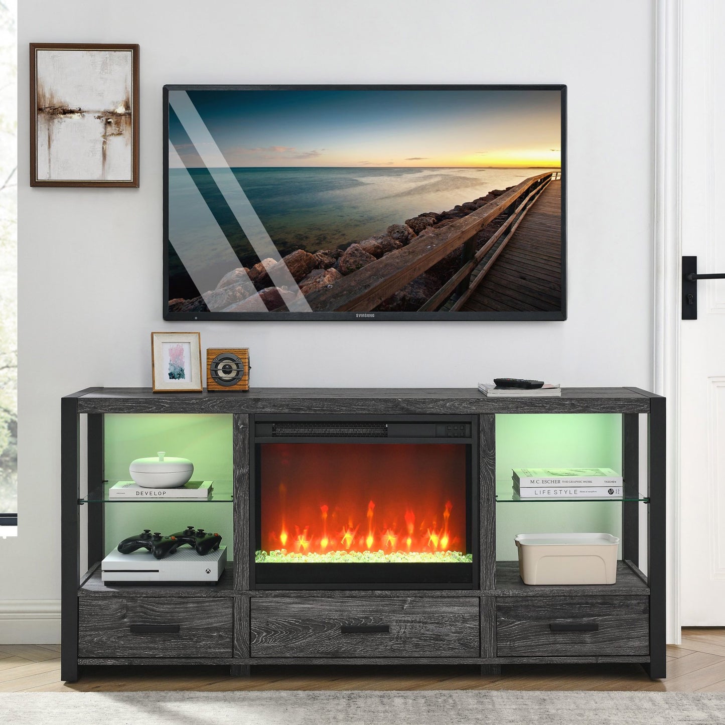 Sesslife Fireplace TV Stand for 60" TVs, Farmhouse TV Console Table with LED Lights and Electric Fireplace, Modern Media Entertainment Center with 3 Drawers and Storage Shelves for Living Room, Brown