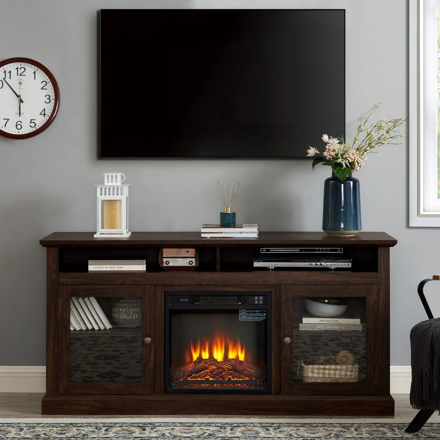 Sesslife Fireplace TV Stand for 65" TV, Farmhouse TV Console Cabinet with Electric Fireplace and LED Lights, Wood Media Entertainment Center with Storage Cabinets for Living Room, Gray