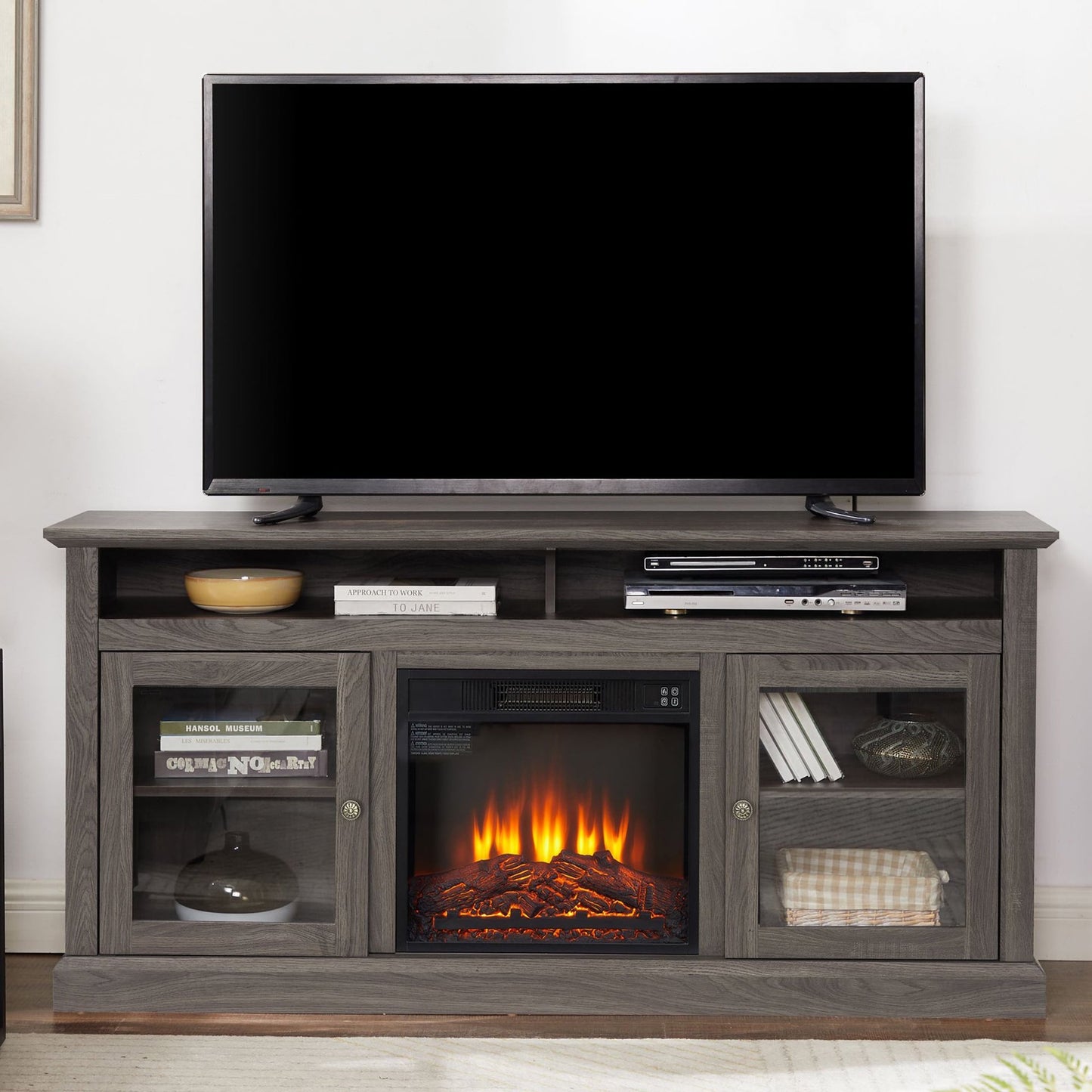 Sesslife Fireplace TV Stand for 65" TV, Farmhouse TV Console Cabinet with Electric Fireplace and LED Lights, Wood Media Entertainment Center with Storage Cabinets for Living Room, Gray