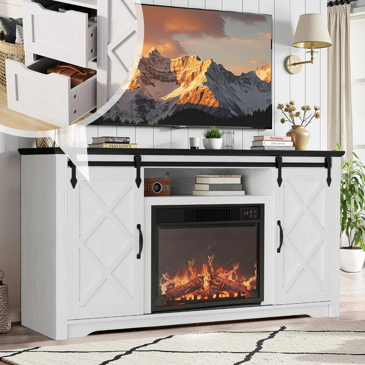 SESSLIFE Fireplace TV Stand for 60 Inch TV, TV Console with 23''Electric Fireplace, Console Entertainment Center Television Table for Living Room or Bedroom, White+Black