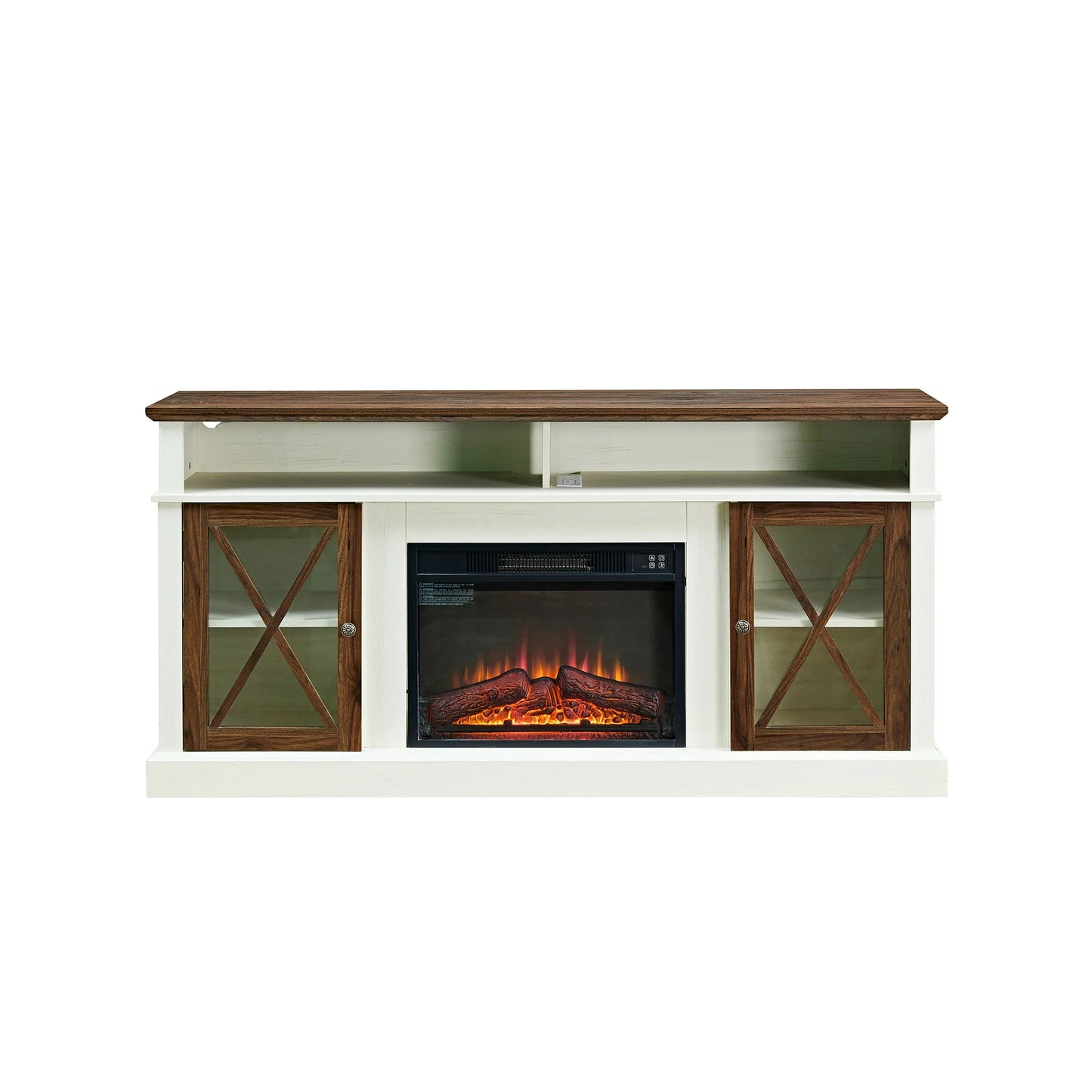 Sesslife Fireplace TV Stand with LED Lights for TVs up to 80", Media Entertainment Center with Charging Station and 2 Glass Doors, TV Console Table with Adjustable Shelves for Living Room, White