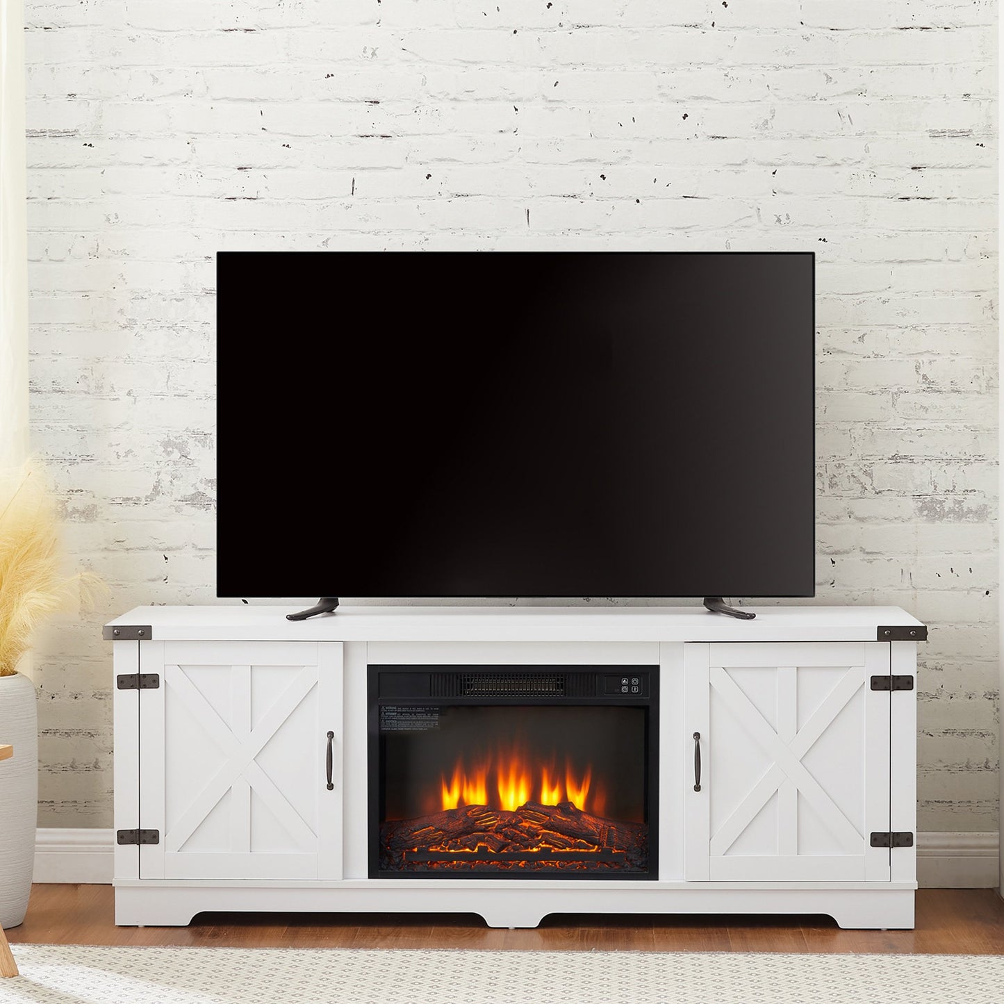 Sesslife Fireplace TV Stand with Remote Control for TVs up to 70", Farmhouse Media Entertainment Center with 2 Storage Cabinets and Adjustable Shelves, Wood TV Console Table for Living Room, White
