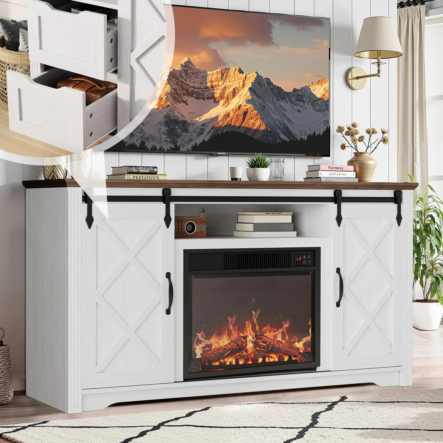 SESSLIFE Fireplace TV Stand for 60 Inch TV, TV Console with 23''Electric Fireplace, Console Entertainment Center Television Table for Living Room or Bedroom, White+Black