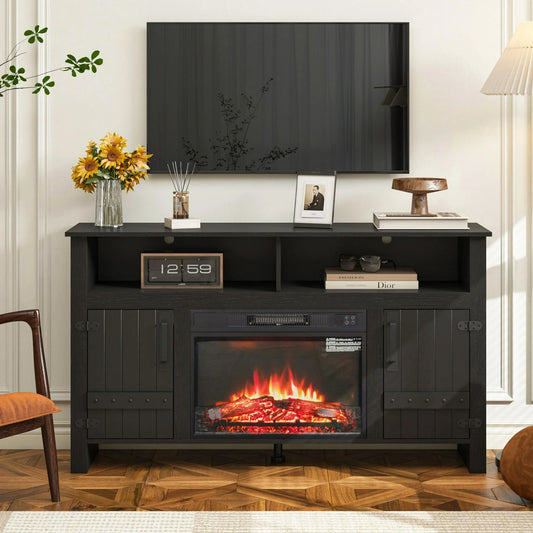 Sesslife Fireplace TV Stand for TV up to 60", Entertainment Center with Storage Cabinet and Shelves, 23'' Electric Fireplace with Adjustable Warmth for Living Room/Bedroom, Black