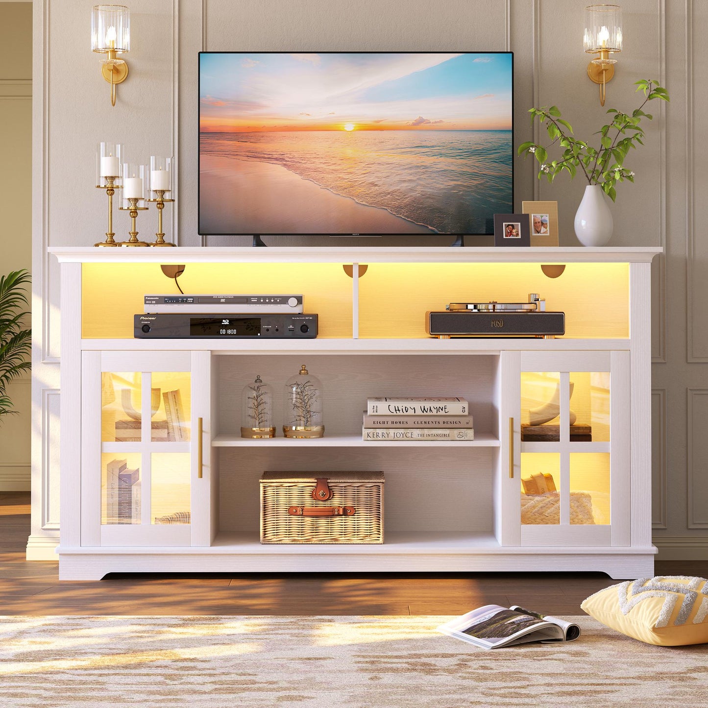 SESSLIFE 63" TV Stand with LED Lights for 70 inch TV, Entertainment Center Console with Large Storage, Modern TV Media Console Cabinet(White)