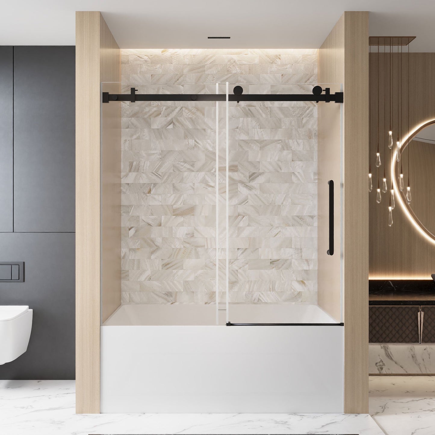 Sesslife Frameless Tub Door 60"W x 60"H, Sliding Shower Door with 1/4"(6 mm) Clear Tempered Glass, Bathtub Door with Stainless Steel Handle and Bottom Water Barrier Strip, Square Tube Track Designed