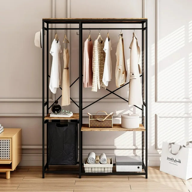 Sesslife Free-Standing Closet Organizer, Heavy Duty Clothes Closet with Shelves, Black Metal Frame