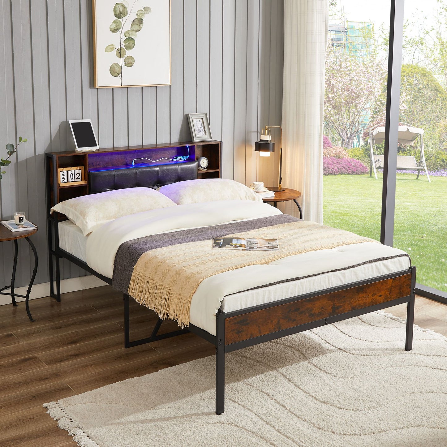 Sesslife Full Bed Frame with 2-Tier Storage Headboard, Upholstered Platform Bed with Charging Station, Heavy Duty Metal Bed Frame Full Size with Sturdy Slats Support, No Box Spring Needed, Brown