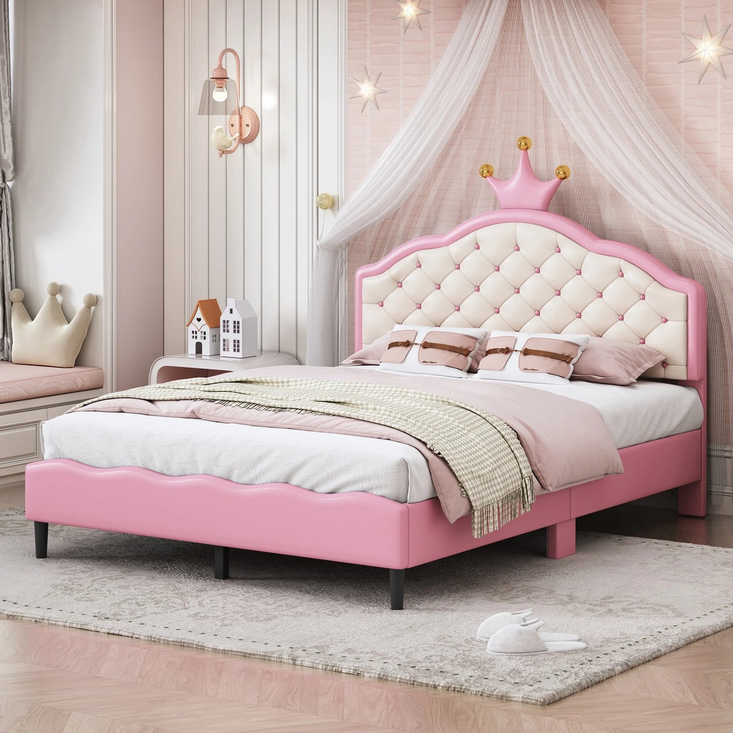 Sesslife Twin Bed Frame with Crown-Shaped Tufted Headboard, Cute PU Leather Bed Frame with Strong Wood Slats Support, Modern Platform Bed for Kids Teens Adults, Easy Assembly, Pink
