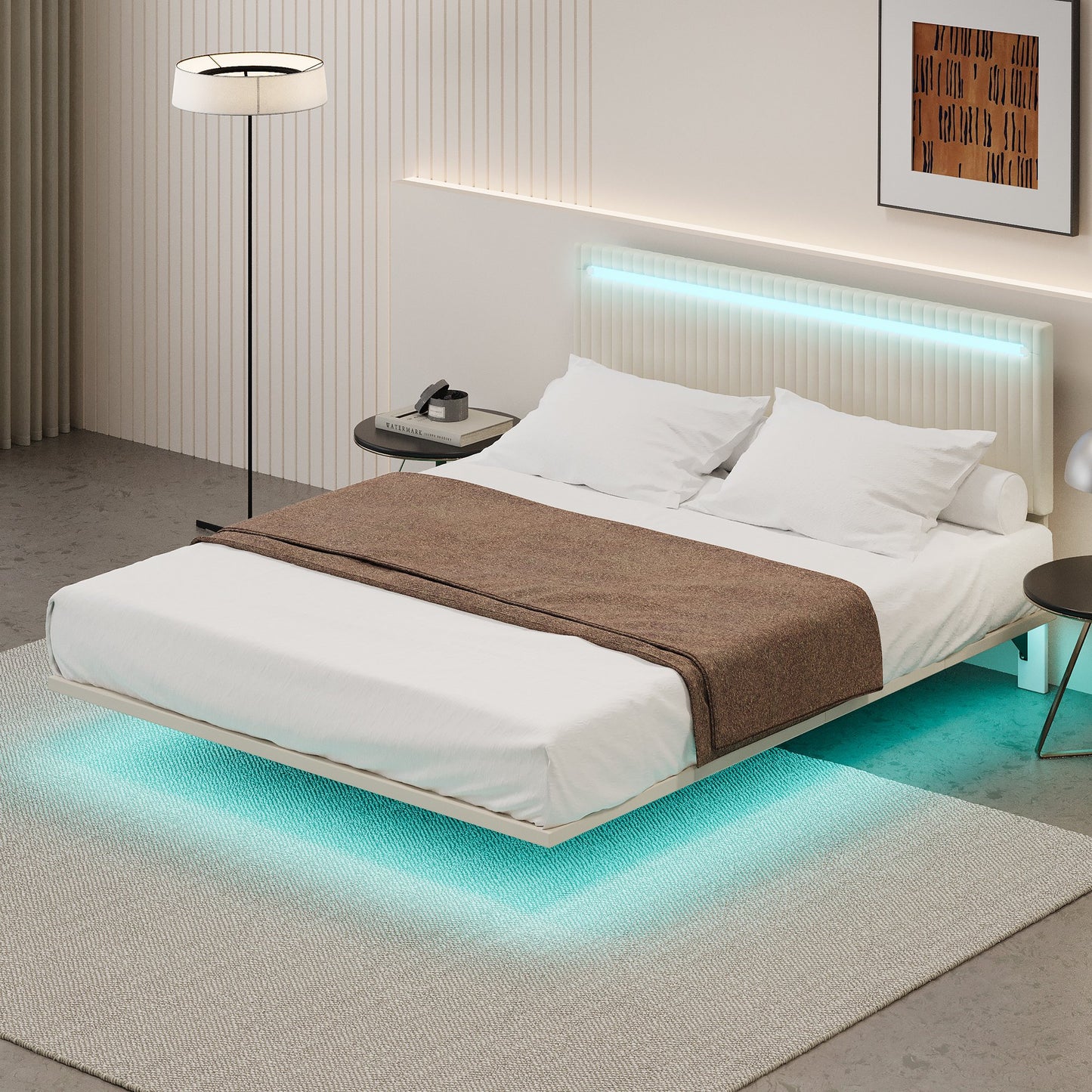 Sesslife Full Bed Frame with LED Lights, Upholstered Floating Bed with Adjustable Velvet Headboard, Modern Floating Bed Frame with Sensor Lights, No Box Spring Needed, Easy Assembly, Gray