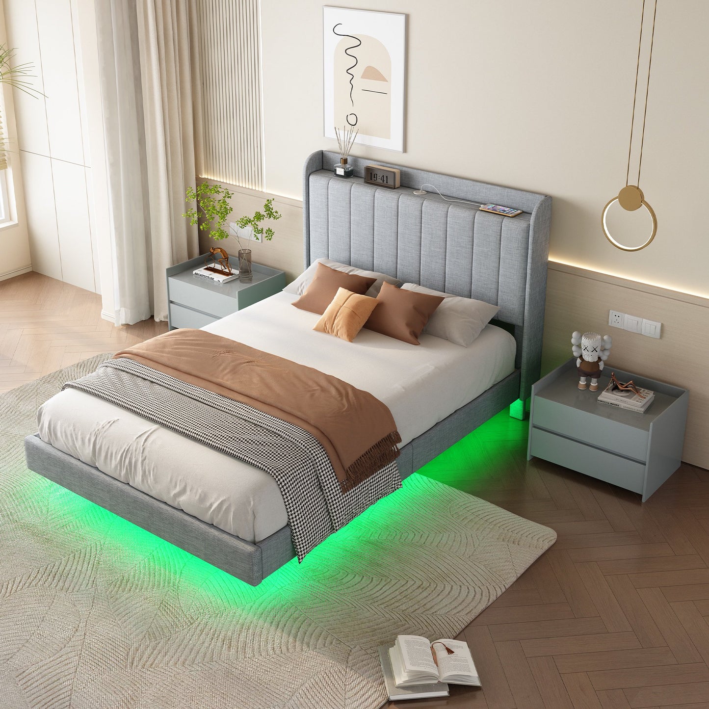 Sesslife Full Floating Bed with LED Lights, Wood Platform Bed Frame with Charging Station, Modern Upholstered Bed with Storage Headboard, Strong Wooden Slats Support, No Spring Box Needed, Gray