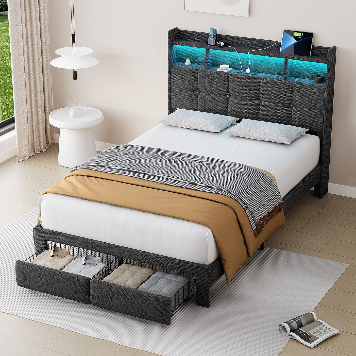 Sesslife Full LED Bed Frame with 2 Storage Drawers, Wood Platform Bed with Wingback Upholstered Storage Headboard and Charging Station, Strong Wooden Slats Support, No Box Spring Needed, Dark Gray