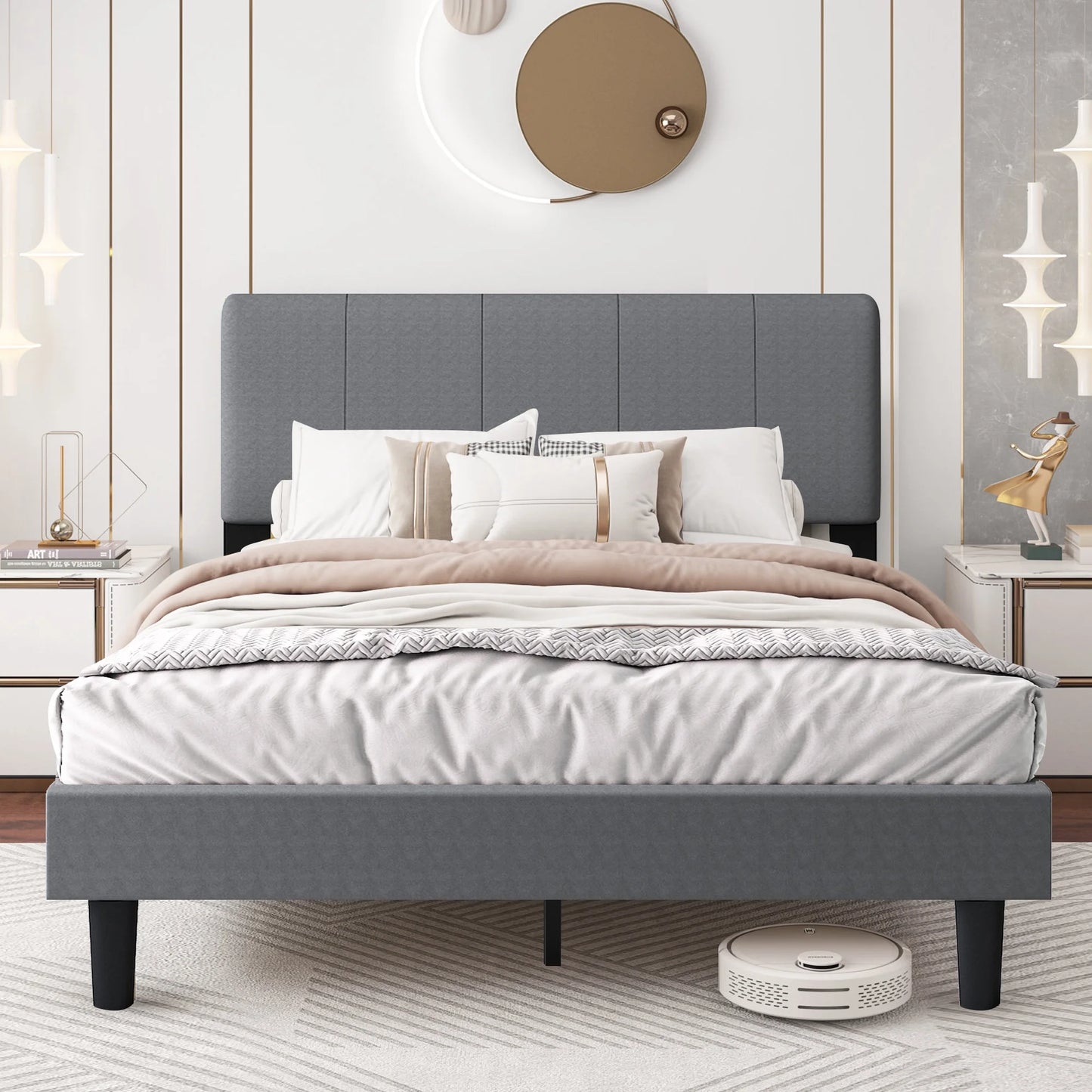 Sesslife Gray Platform Bed Frame, Twin Bed Frame with Upholstered Headboard, Twin Floor Bed Frame, Mattress Foundation, No Box Spring Needed, Easy Assembly