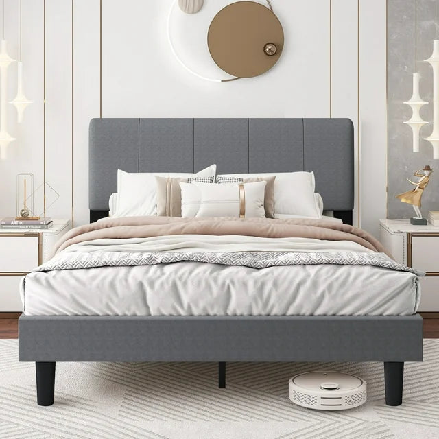 Sesslife Gray Platform Bed Frame, Twin Bed Frame with Upholstered Headboard, Twin Floor Bed Frame, Mattress Foundation, No Box Spring Needed, Easy Assembly