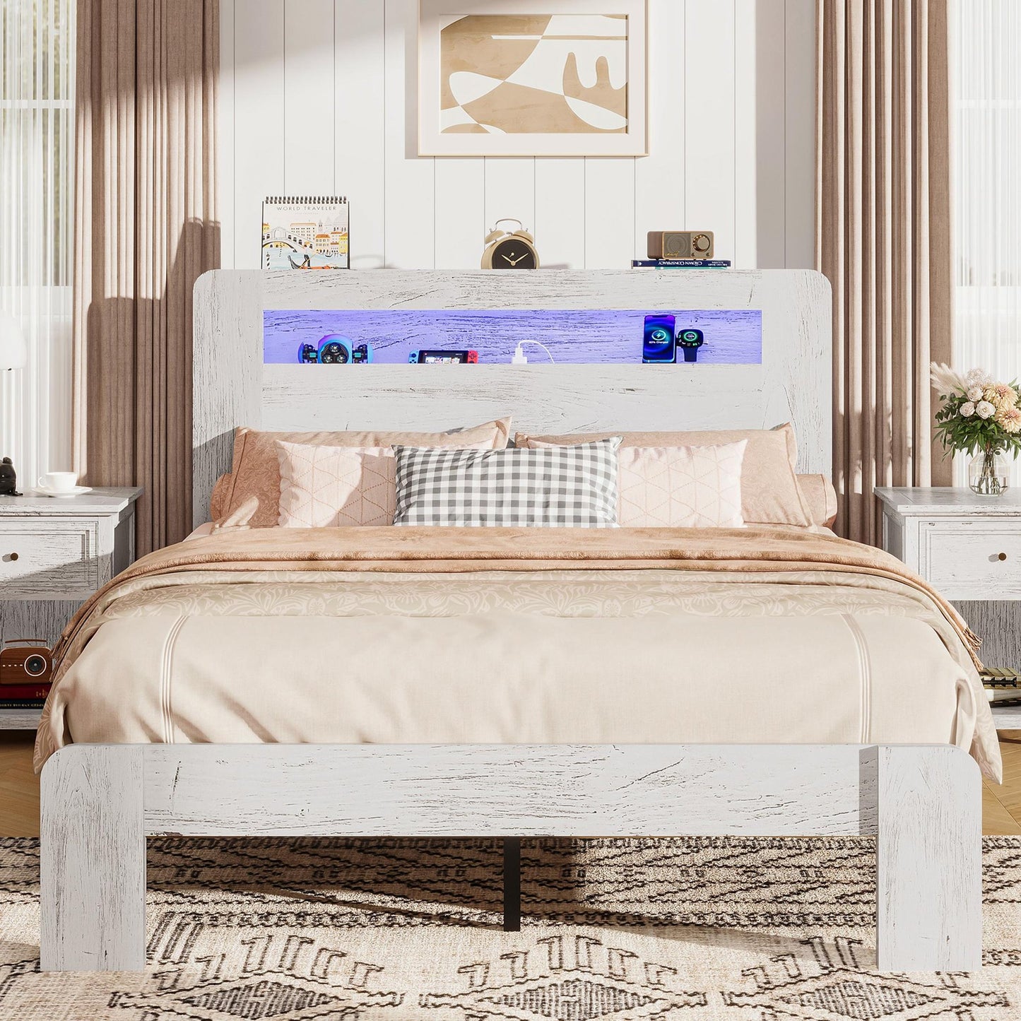 ENYOPRO Twin Bed Frame with Storage Headboard, Wood Platform Bed with LED Strips and Charging Station, Heavy Duty Mattress Foundation, Hold 350 LBS, Easy Assembly, Brown