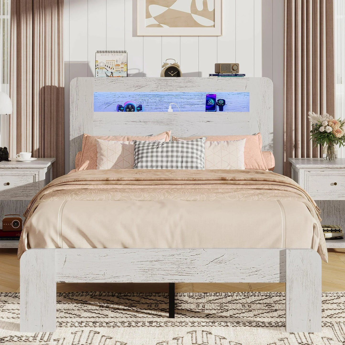 ENYOPRO Twin Bed Frame with Storage Headboard, Wood Platform Bed with LED Strips and Charging Station, Heavy Duty Mattress Foundation, Hold 350 LBS, Easy Assembly, Brown