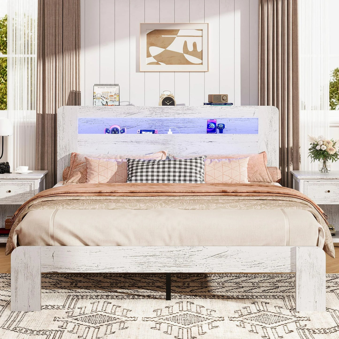 ENYOPRO Twin Bed Frame with Storage Headboard, Wood Platform Bed with LED Strips and Charging Station, Heavy Duty Mattress Foundation, Hold 350 LBS, Easy Assembly, Brown