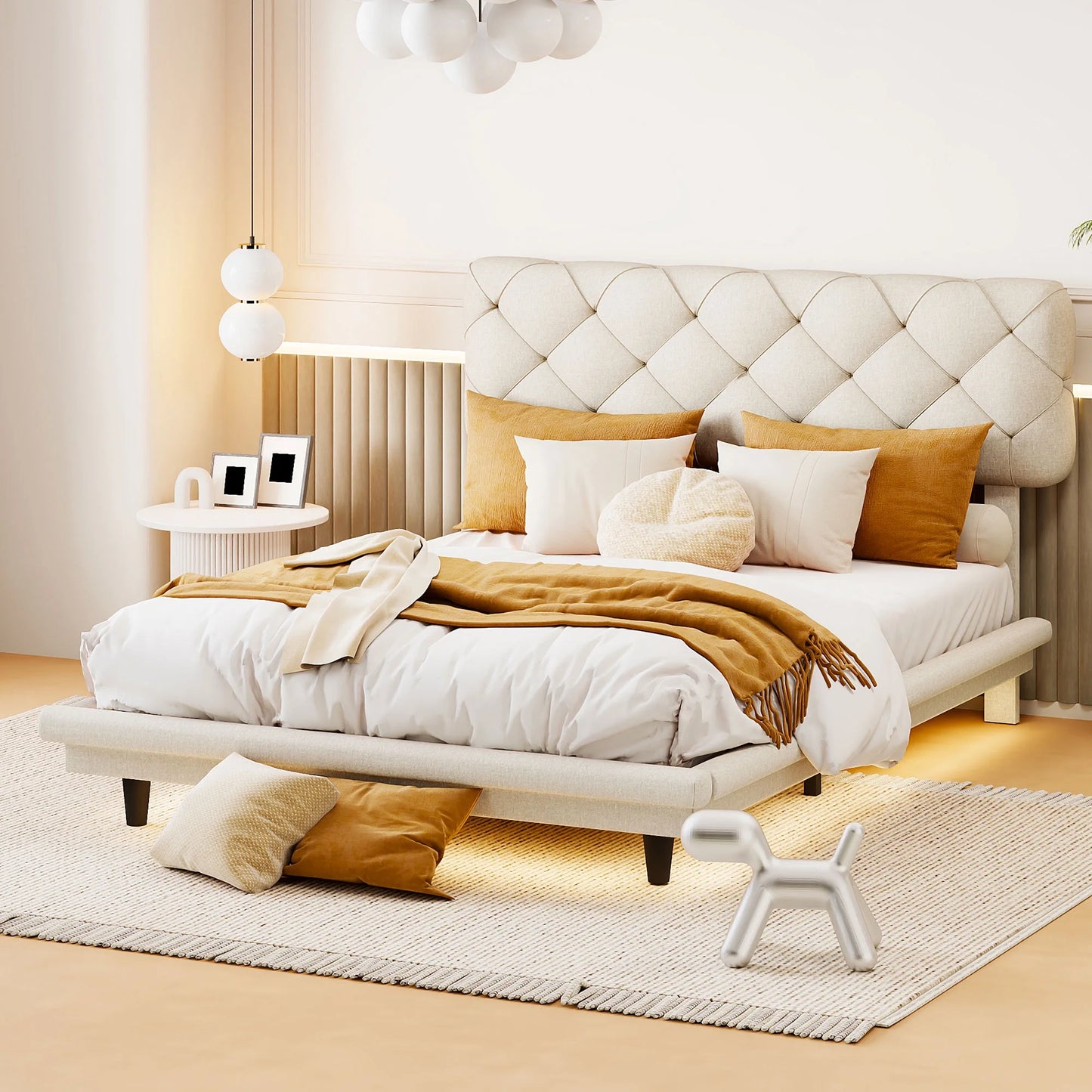Sesslife Full Size Floating Bed Frame, Modern Upholstered Bed Frame with Underbed LED Light, Sturdy Wood Platform Bed with Large Headboard, No Box Spring Needed, Beige