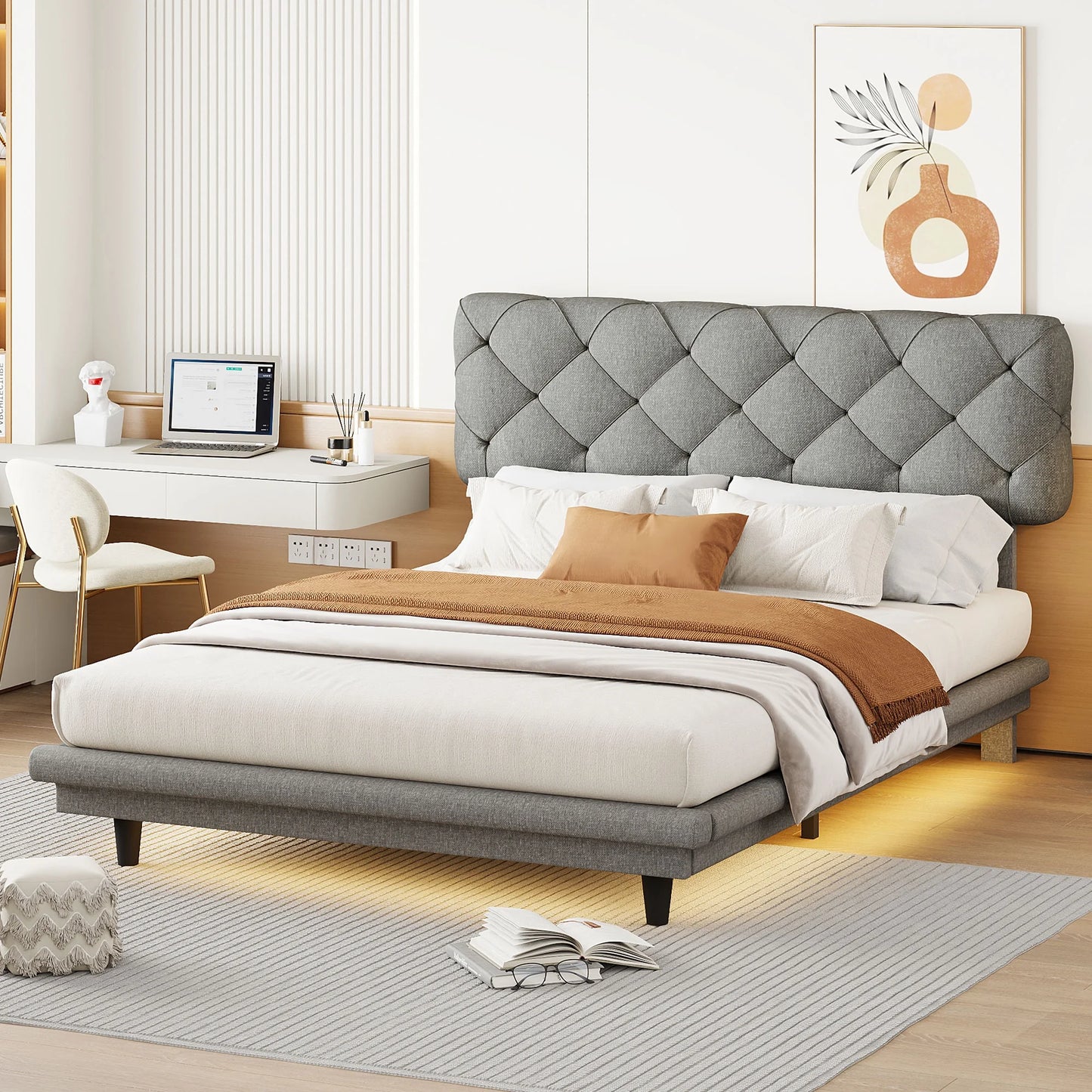 Sesslife Full Size Floating Bed Frame, Modern Upholstered Bed Frame with Underbed LED Light, Sturdy Wood Platform Bed with Large Headboard, No Box Spring Needed, Beige