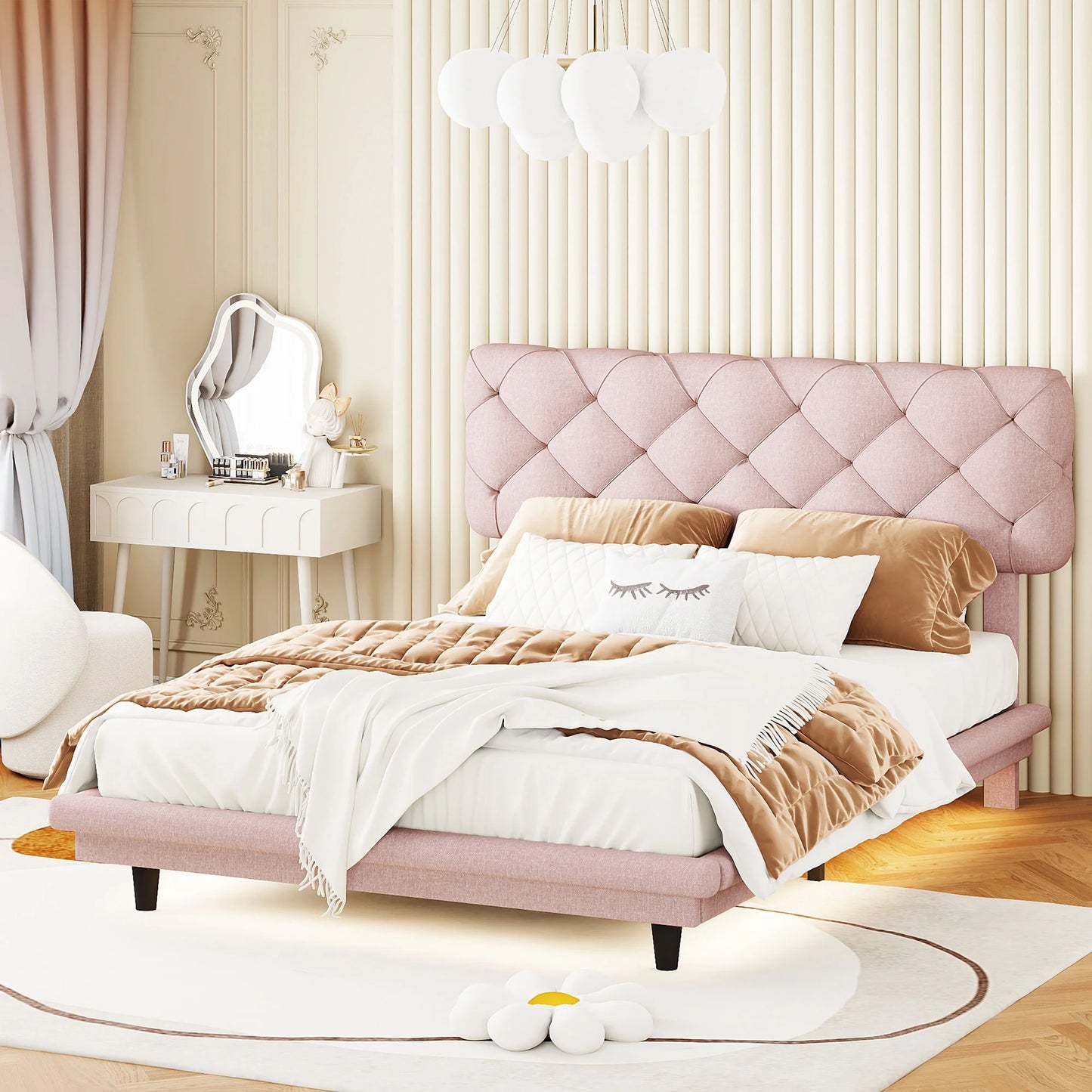 Sesslife Full Size Floating Bed Frame, Modern Upholstered Bed Frame with Underbed LED Light, Sturdy Wood Platform Bed with Large Headboard, No Box Spring Needed, Beige
